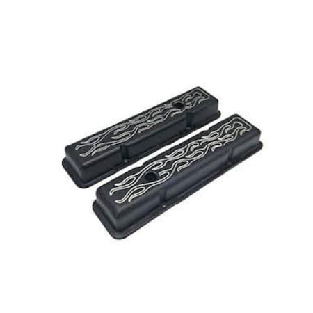 Bous Performance Short Aluminum Flame Valve Cover with Hole for 1958-1986 SBC, Black E41010BK